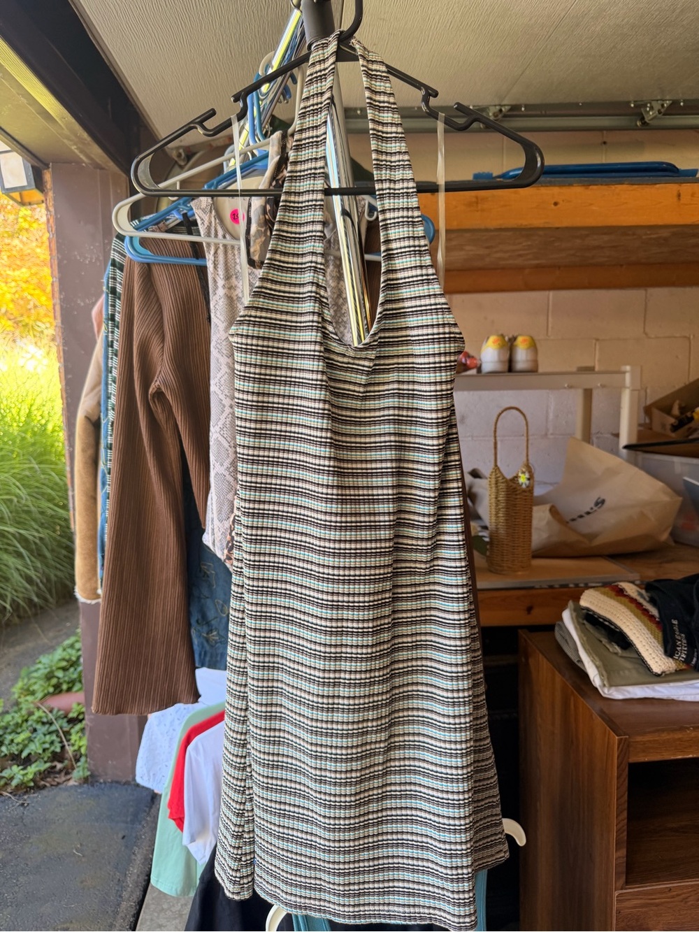 American Eagle Outfitters Green and Cream Plaid Halter Mini Dress